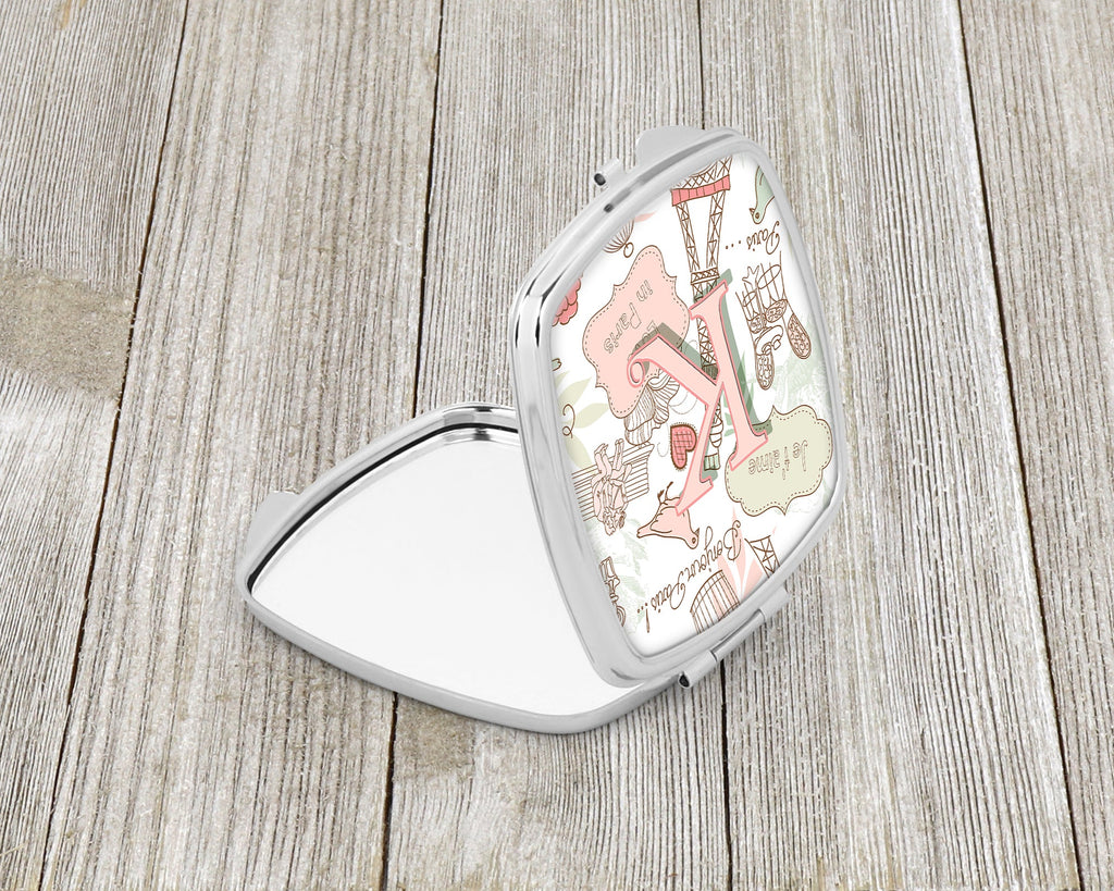 Letter K Love in Paris Pink Compact Mirror Decorative Travel Makeup Mirror for Women Girls Gifts Pocket Makeup Mirror Folding Handheld