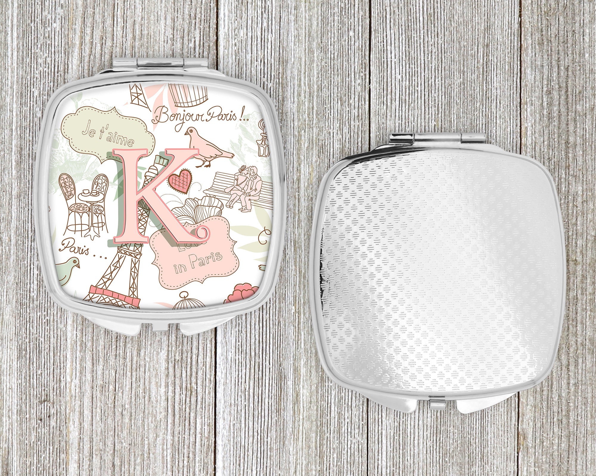 Letter K Love in Paris Pink Compact Mirror Decorative Travel Makeup Mirror for Women Girls Gifts Pocket Makeup Mirror Folding Handheld