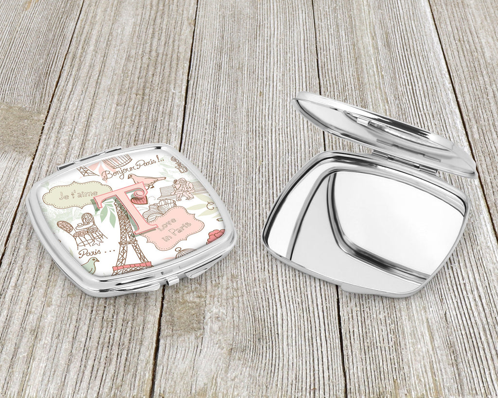 Letter T Love in Paris Pink Compact Mirror Decorative Travel Makeup Mirror for Women Girls Gifts Pocket Makeup Mirror Folding Handheld