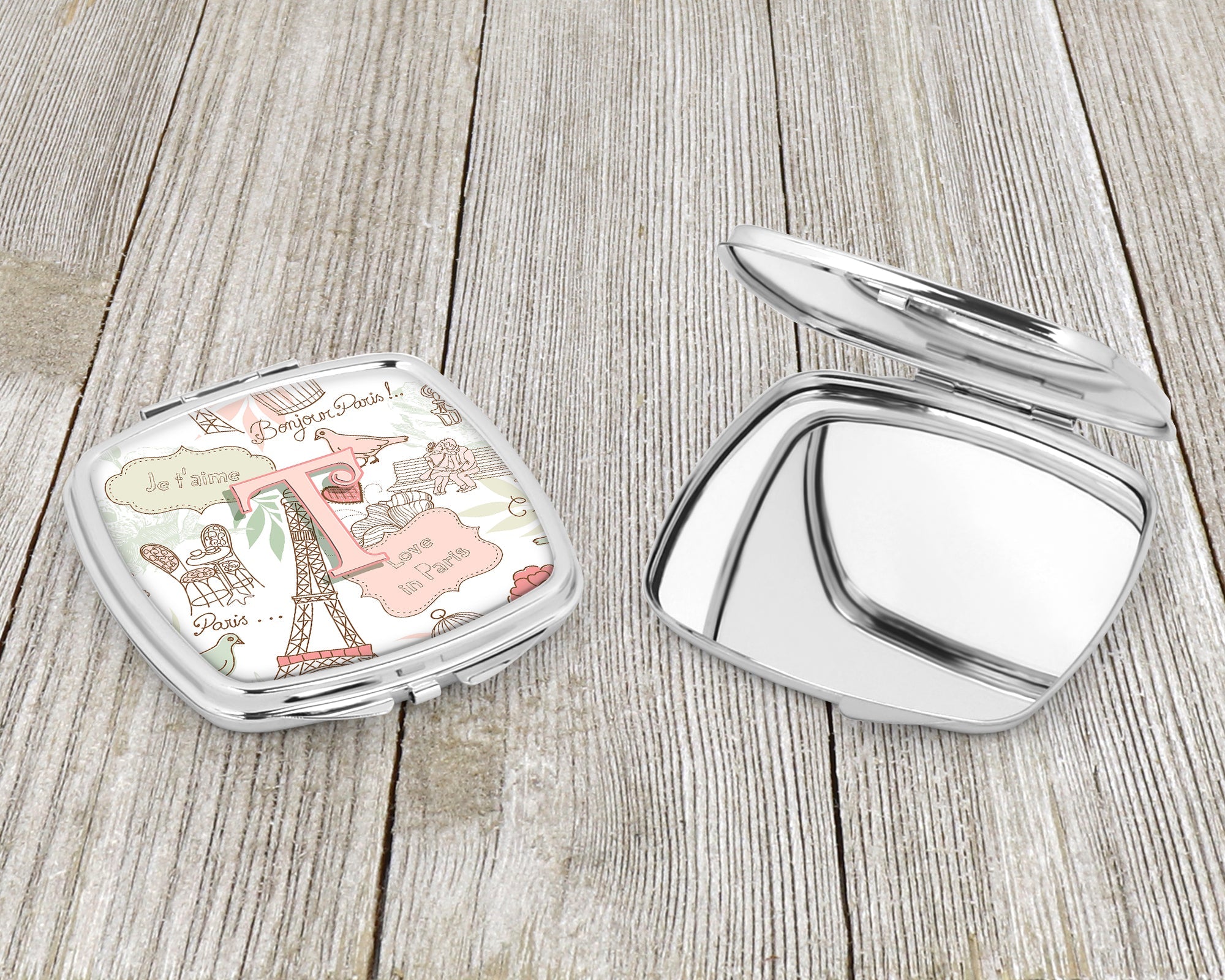 Letter T Love in Paris Pink Compact Mirror Decorative Travel Makeup Mirror for Women Girls Gifts Pocket Makeup Mirror Folding Handheld