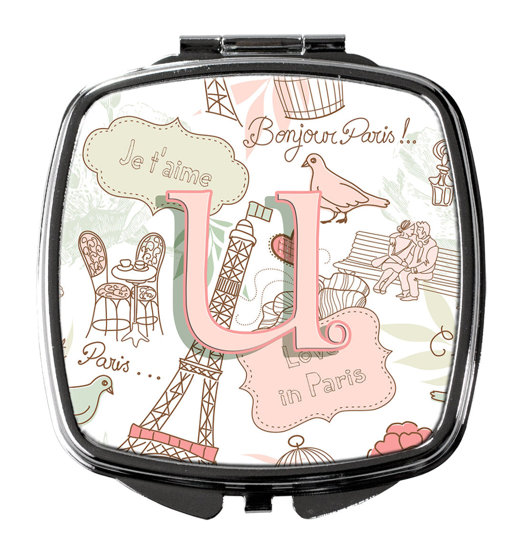 Letter U Love in Paris Pink Compact Mirror Decorative Travel Makeup Mirror for Women Girls Gifts Pocket Makeup Mirror Folding Handheld