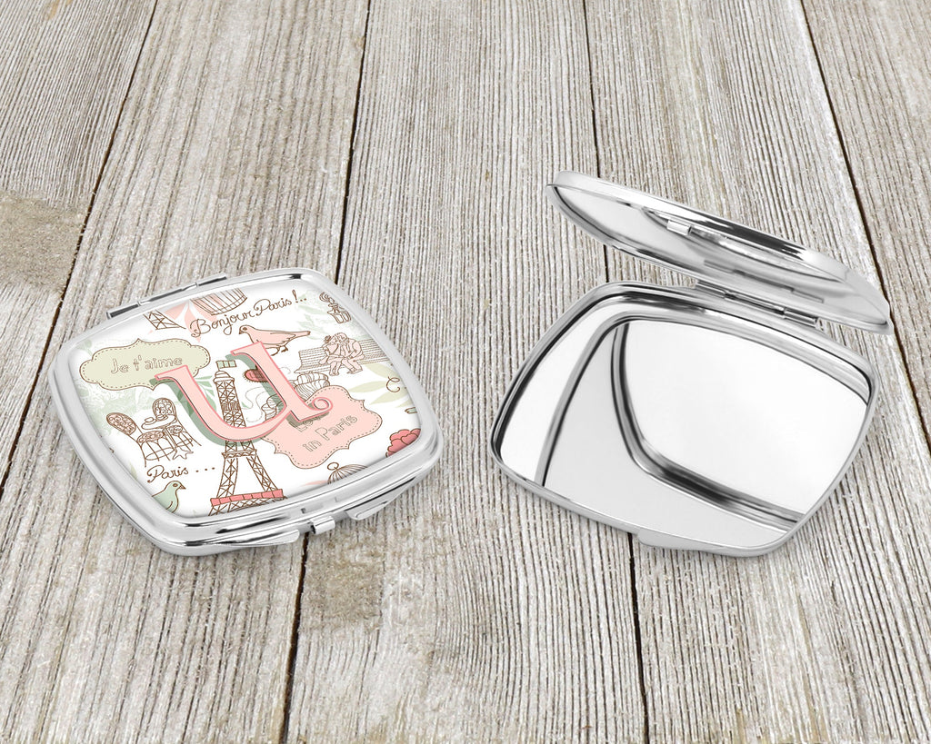 Letter U Love in Paris Pink Compact Mirror Decorative Travel Makeup Mirror for Women Girls Gifts Pocket Makeup Mirror Folding Handheld
