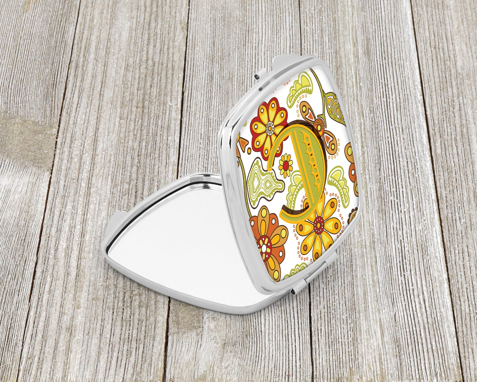 Letter C Floral Mustard and Green Compact Mirror Decorative Travel Makeup Mirror for Women Girls Gifts Pocket Makeup Mirror Folding Handheld