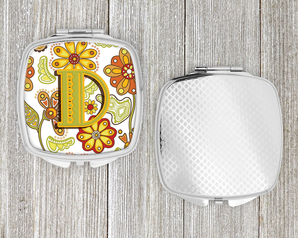 Letter D Floral Mustard and Green Compact Mirror Decorative Travel Makeup Mirror for Women Girls Gifts Pocket Makeup Mirror Folding Handheld