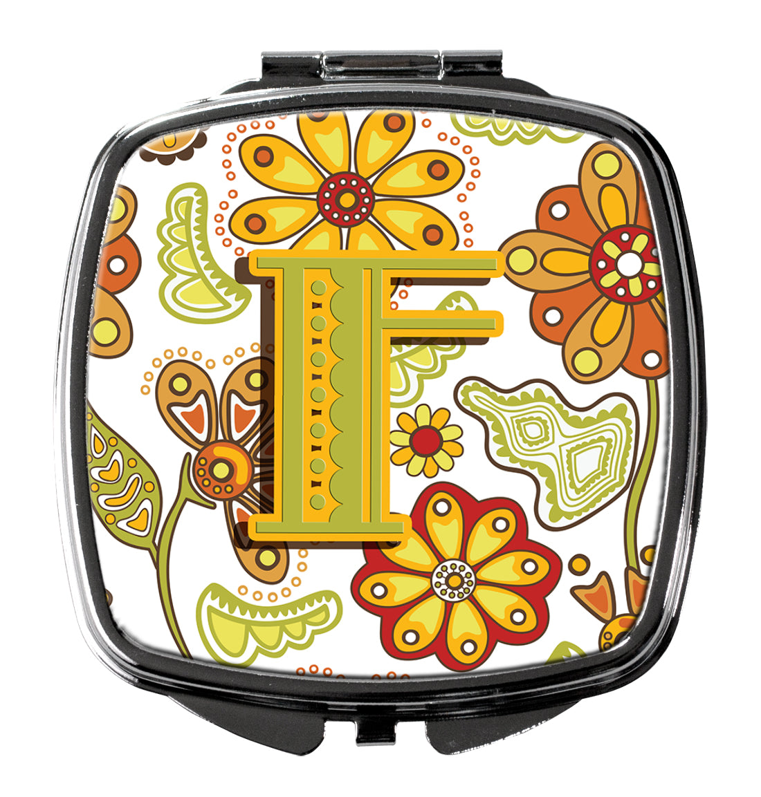 Letter F Floral Mustard and Green Compact Mirror Decorative Travel Makeup Mirror for Women Girls Gifts Pocket Makeup Mirror Folding Handheld