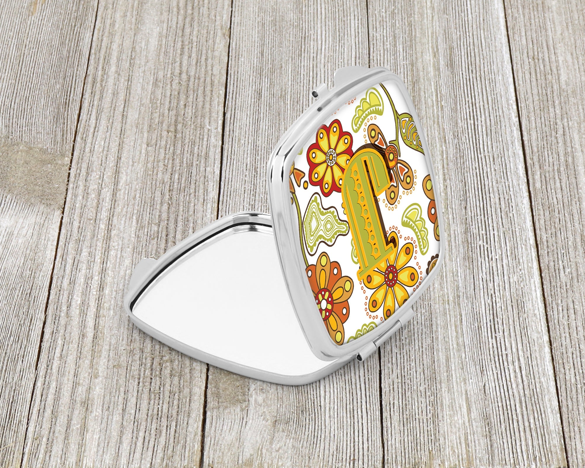 Letter J Floral Mustard and Green Compact Mirror Decorative Travel Makeup Mirror for Women Girls Gifts Pocket Makeup Mirror Folding Handheld