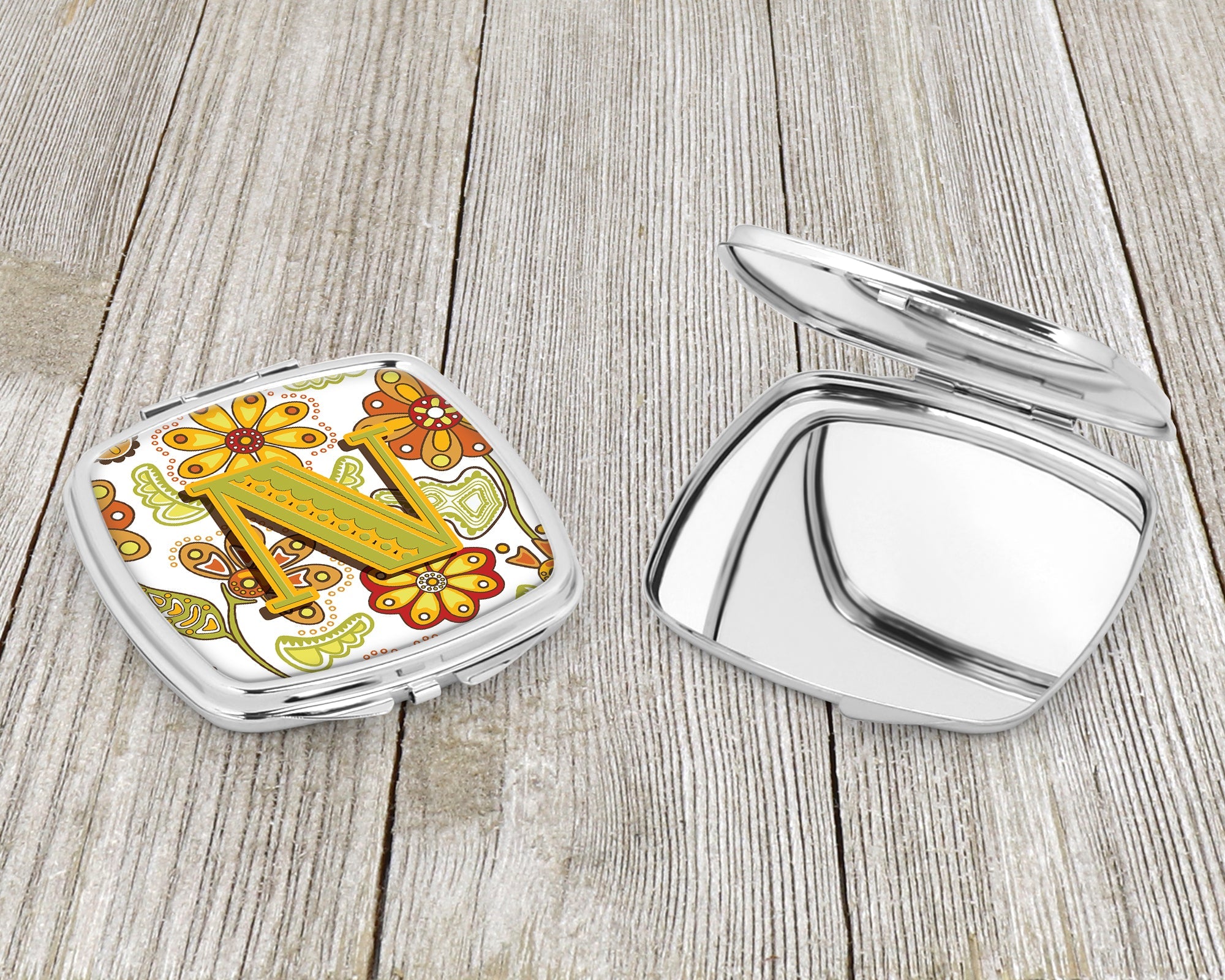 Letter N Floral Mustard and Green Compact Mirror Decorative Travel Makeup Mirror for Women Girls Gifts Pocket Makeup Mirror Folding Handheld
