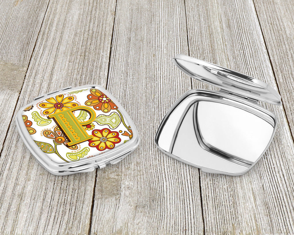 Letter P Floral Mustard and Green Compact Mirror Decorative Travel Makeup Mirror for Women Girls Gifts Pocket Makeup Mirror Folding Handheld