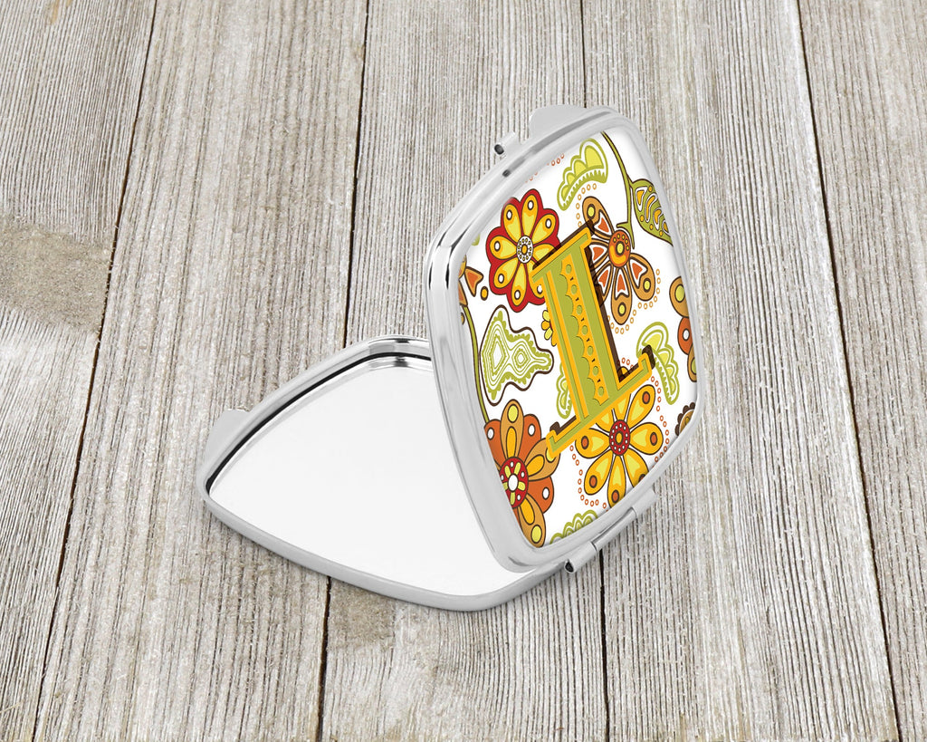 Letter T Floral Mustard and Green Compact Mirror Decorative Travel Makeup Mirror for Women Girls Gifts Pocket Makeup Mirror Folding Handheld