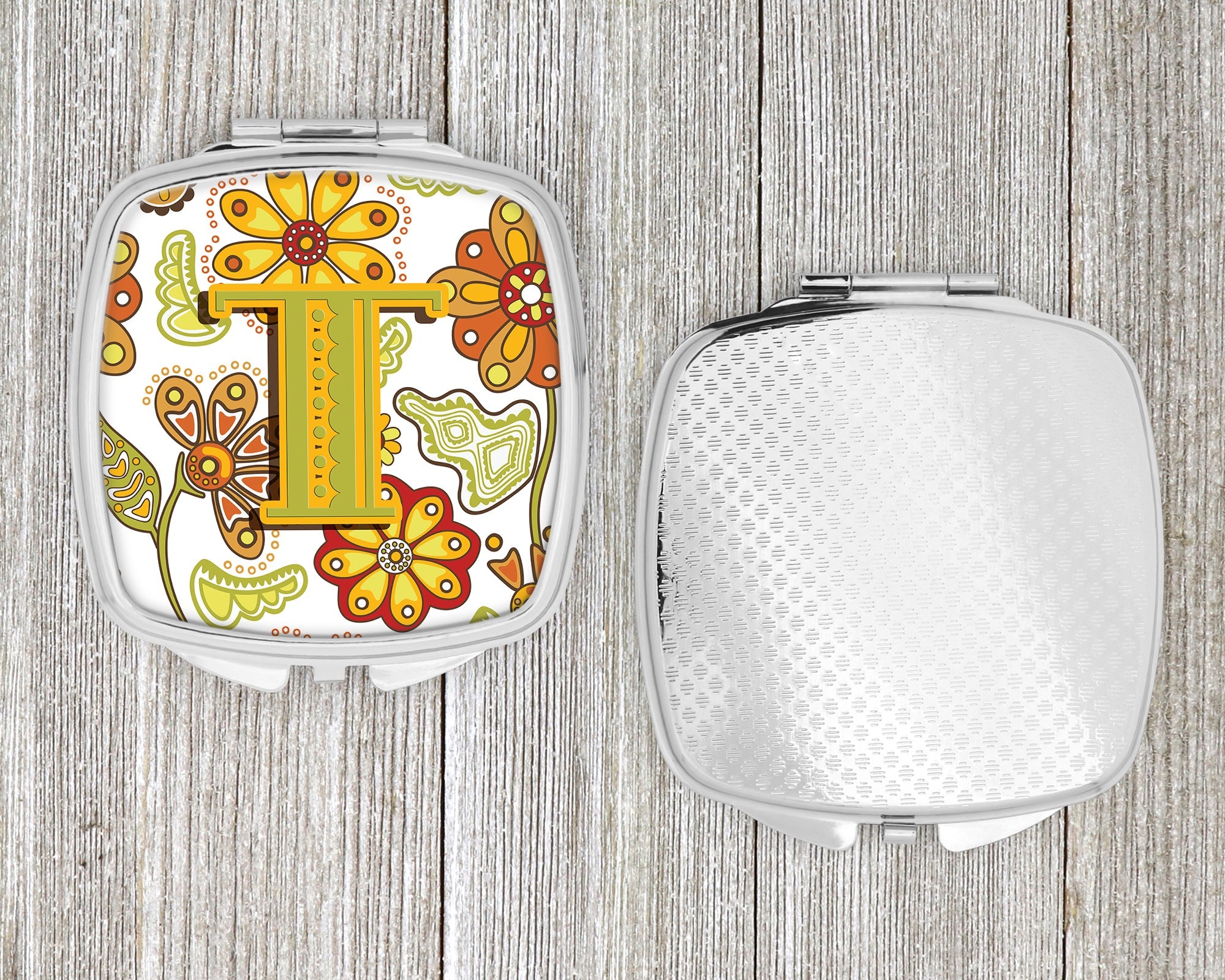 Letter T Floral Mustard and Green Compact Mirror Decorative Travel Makeup Mirror for Women Girls Gifts Pocket Makeup Mirror Folding Handheld