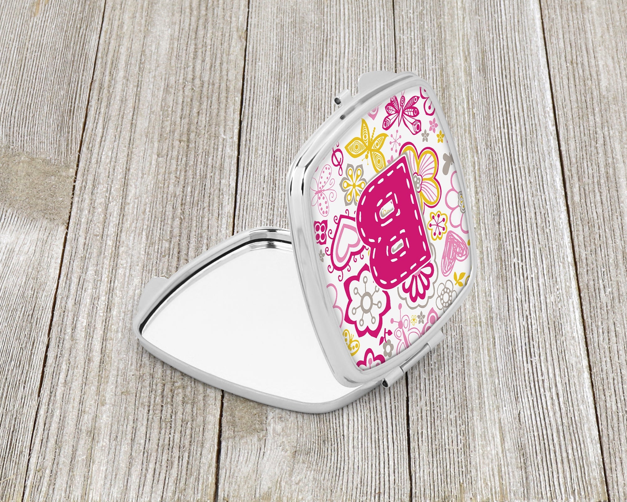 Letter B Flowers and Butterflies Pink Compact Mirror Decorative Travel Makeup Mirror for Women Girls Gifts Pocket Makeup Mirror Folding Handheld