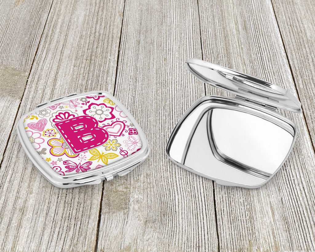 Letter B Flowers and Butterflies Pink Compact Mirror Decorative Travel Makeup Mirror for Women Girls Gifts Pocket Makeup Mirror Folding Handheld