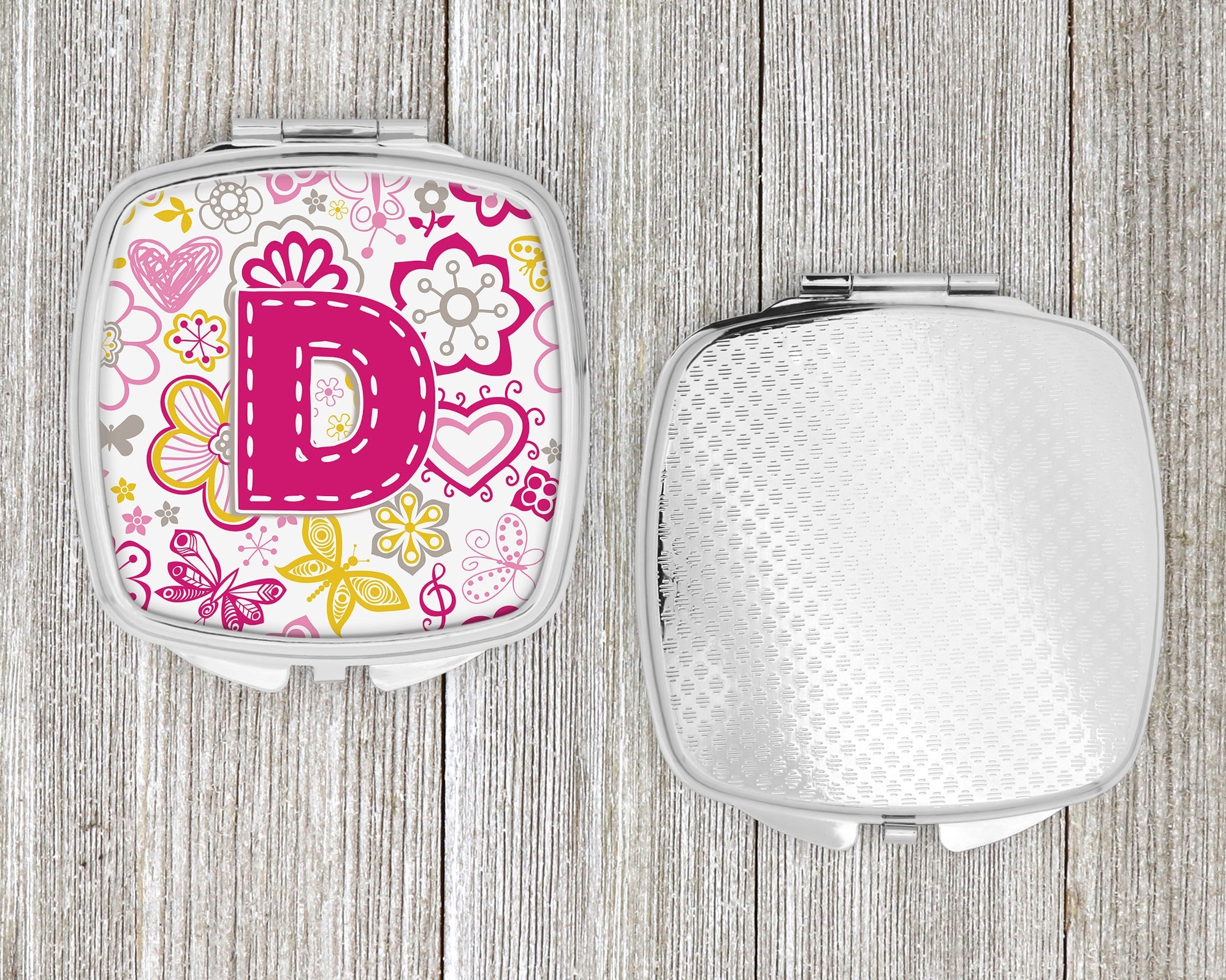 Letter D Flowers and Butterflies Pink Compact Mirror Decorative Travel Makeup Mirror for Women Girls Gifts Pocket Makeup Mirror Folding Handheld