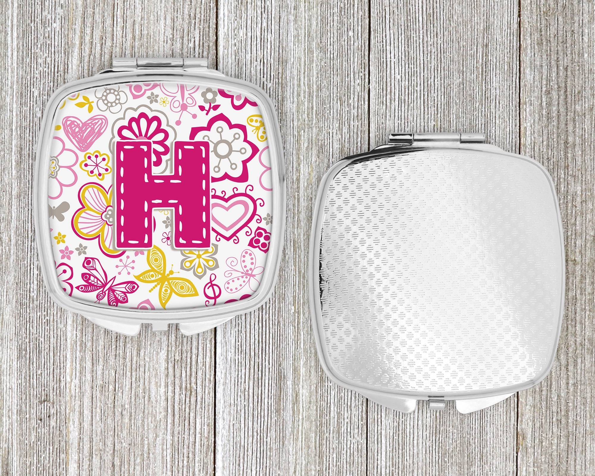 Letter H Flowers and Butterflies Pink Compact Mirror Decorative Travel Makeup Mirror for Women Girls Gifts Pocket Makeup Mirror Folding Handheld