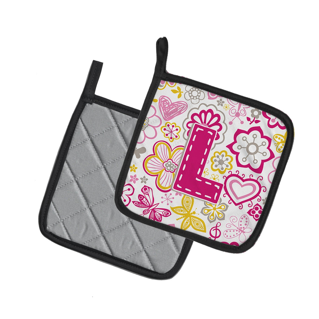 Letter L Flowers and Butterflies Pink Pot Holders - Set of 2 - Heat-Resistant Kitchen Essentials