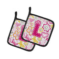 Letter L Flowers and Butterflies Pink Pot Holders - Set of 2 - Heat-Resistant Kitchen Essentials