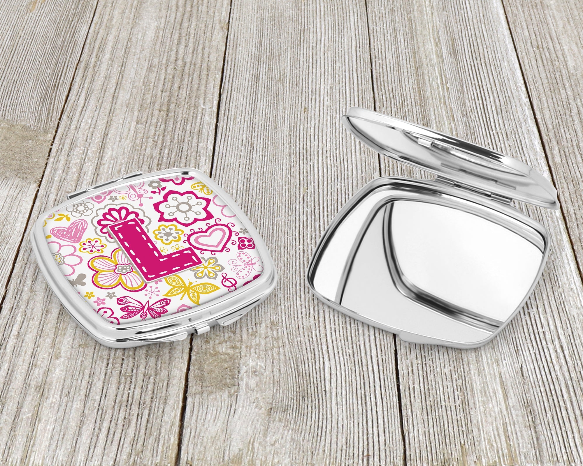 Letter L Flowers and Butterflies Pink Compact Mirror Decorative Travel Makeup Mirror for Women Girls Gifts Pocket Makeup Mirror Folding Handheld