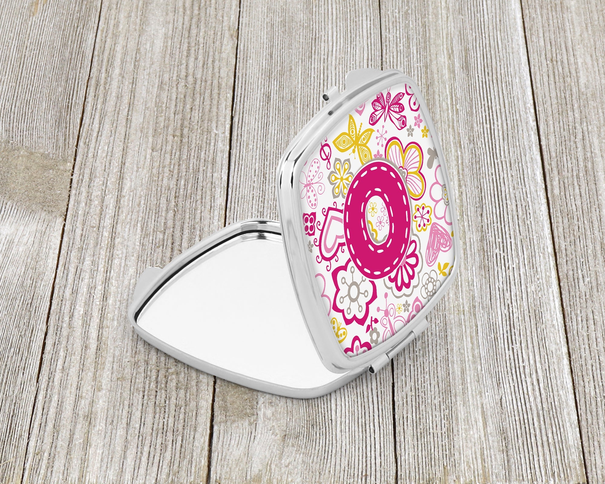 Letter O Flowers and Butterflies Pink Compact Mirror Decorative Travel Makeup Mirror for Women Girls Gifts Pocket Makeup Mirror Folding Handheld