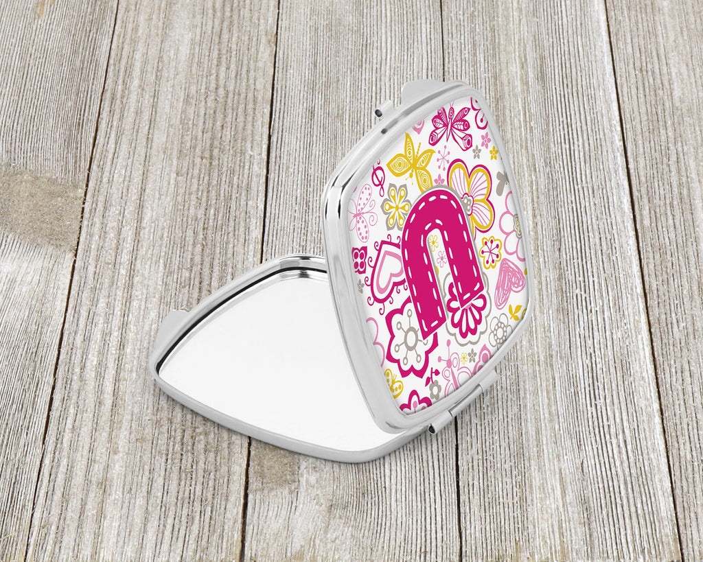 Letter U Flowers and Butterflies Pink Compact Mirror Decorative Travel Makeup Mirror for Women Girls Gifts Pocket Makeup Mirror Folding Handheld