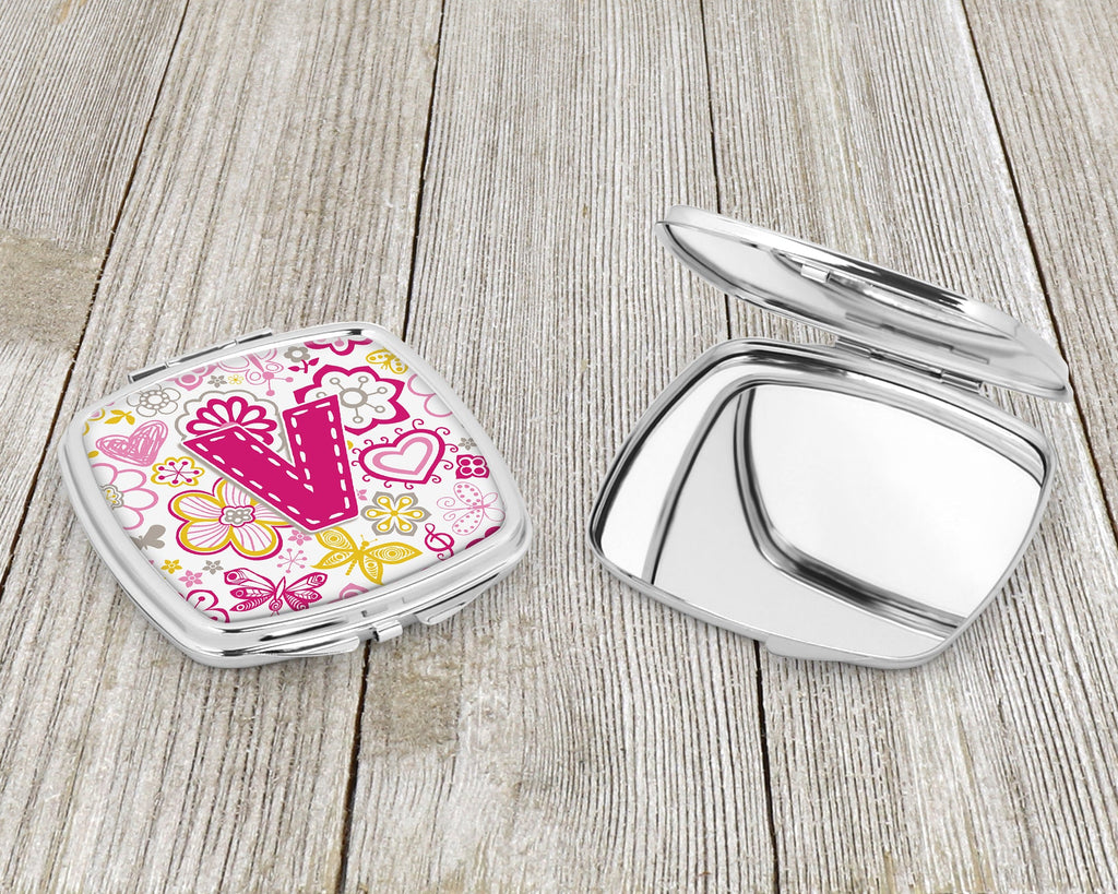Letter V Flowers and Butterflies Pink Compact Mirror Decorative Travel Makeup Mirror for Women Girls Gifts Pocket Makeup Mirror Folding Handheld
