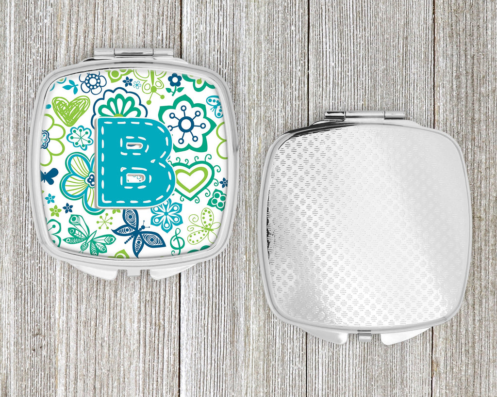 Letter B Flowers and Butterflies Teal Blue Compact Mirror Decorative Travel Makeup Mirror for Women Girls Gifts Pocket Makeup Mirror Folding Handheld