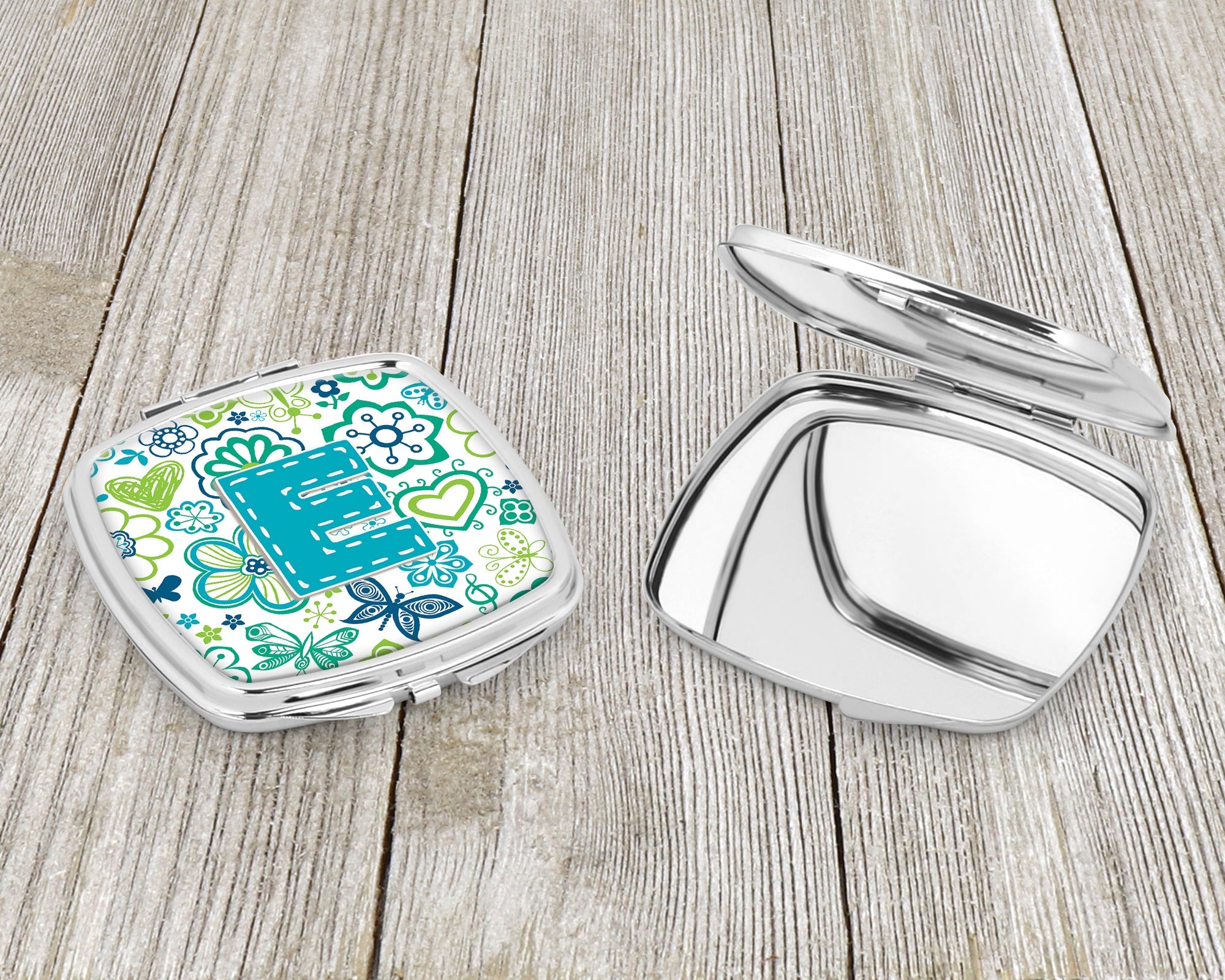 Letter E Flowers and Butterflies Teal Blue Compact Mirror Decorative Travel Makeup Mirror for Women Girls Gifts Pocket Makeup Mirror Folding Handheld