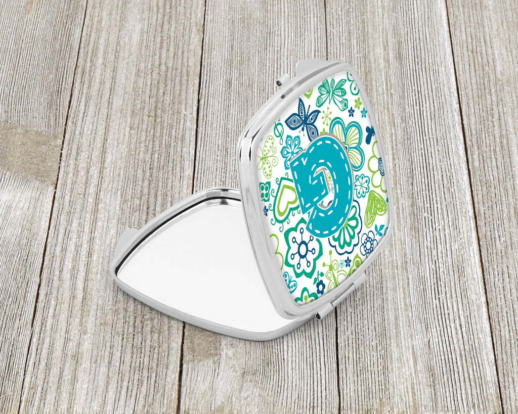 Letter G Flowers and Butterflies Teal Blue Compact Mirror Decorative Travel Makeup Mirror for Women Girls Gifts Pocket Makeup Mirror Folding Handheld