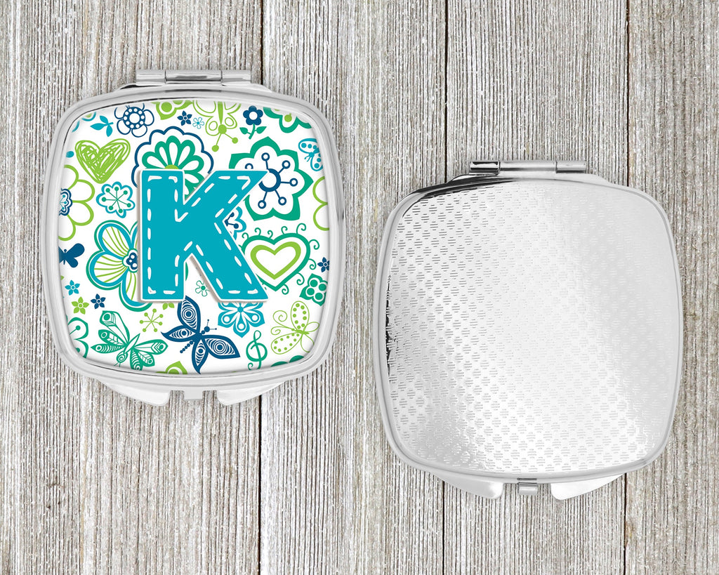 Letter K Flowers and Butterflies Teal Blue Compact Mirror Decorative Travel Makeup Mirror for Women Girls Gifts Pocket Makeup Mirror Folding Handheld