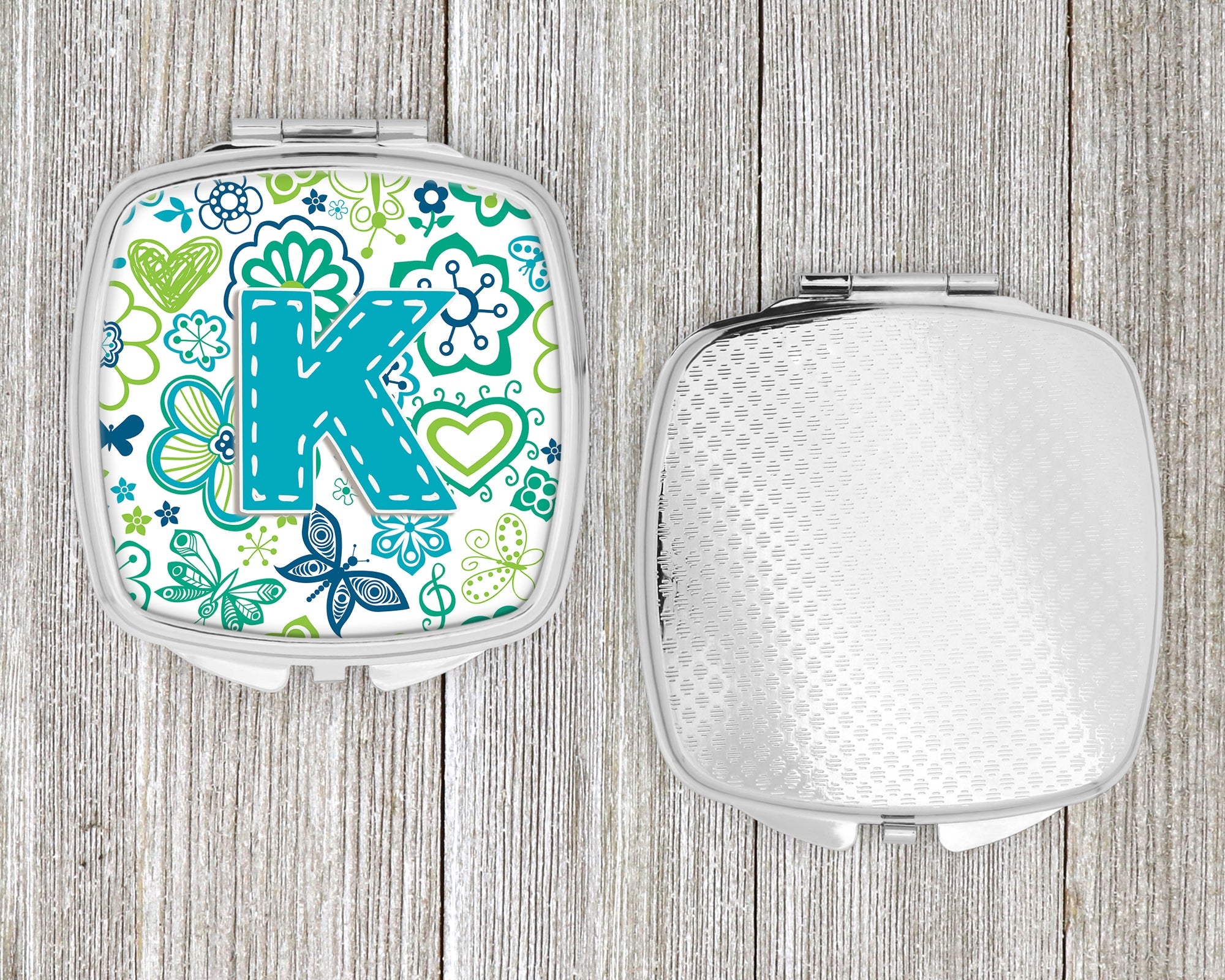 Letter K Flowers and Butterflies Teal Blue Compact Mirror Decorative Travel Makeup Mirror for Women Girls Gifts Pocket Makeup Mirror Folding Handheld
