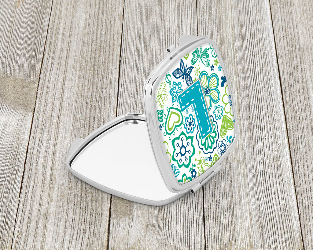 Letter L Flowers and Butterflies Teal Blue Compact Mirror Decorative Travel Makeup Mirror for Women Girls Gifts Pocket Makeup Mirror Folding Handheld