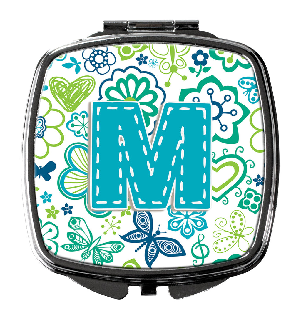Letter M Flowers and Butterflies Teal Blue Compact Mirror Decorative Travel Makeup Mirror for Women Girls Gifts Pocket Makeup Mirror Folding Handheld