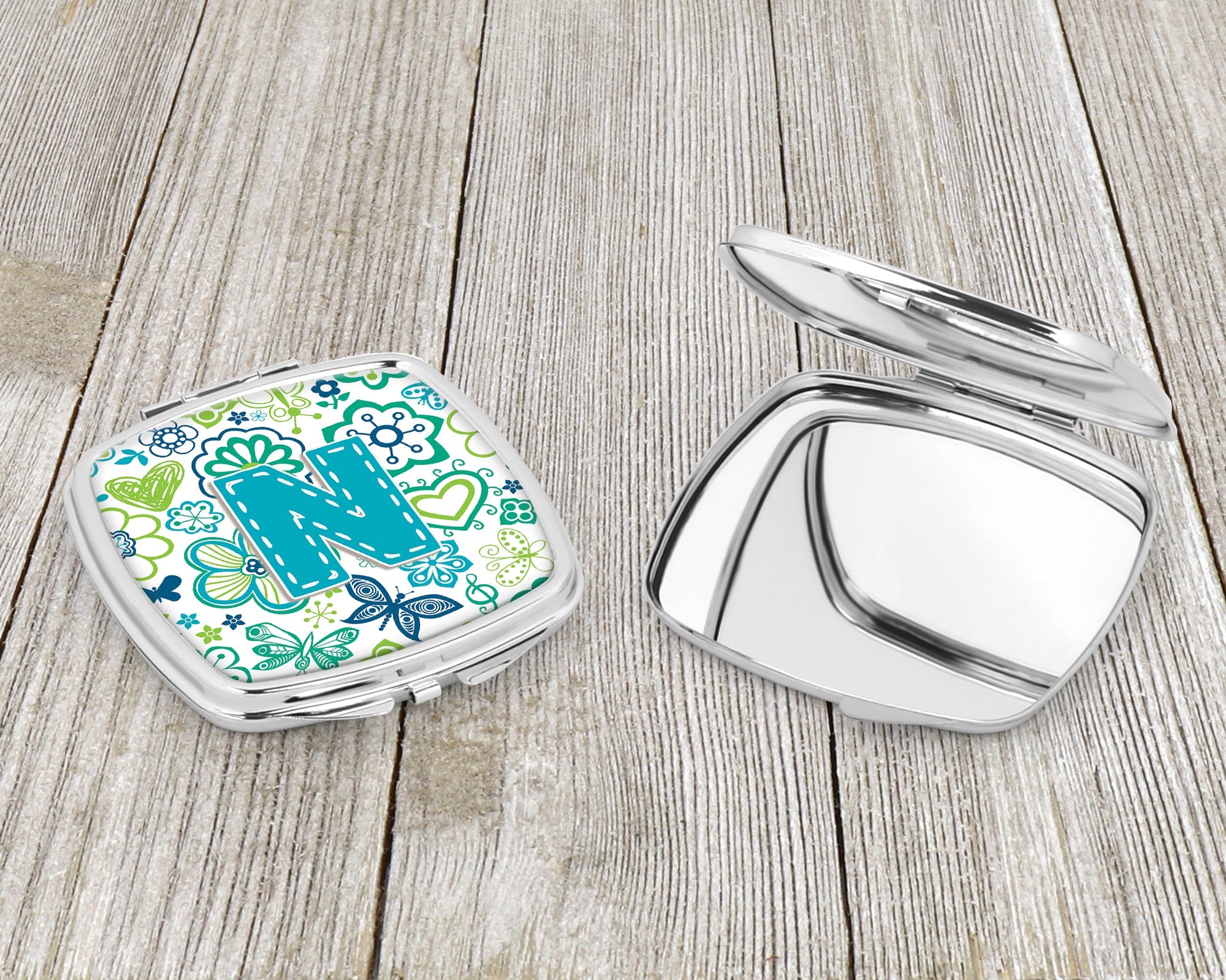 Letter N Flowers and Butterflies Teal Blue Compact Mirror Decorative Travel Makeup Mirror for Women Girls Gifts Pocket Makeup Mirror Folding Handheld