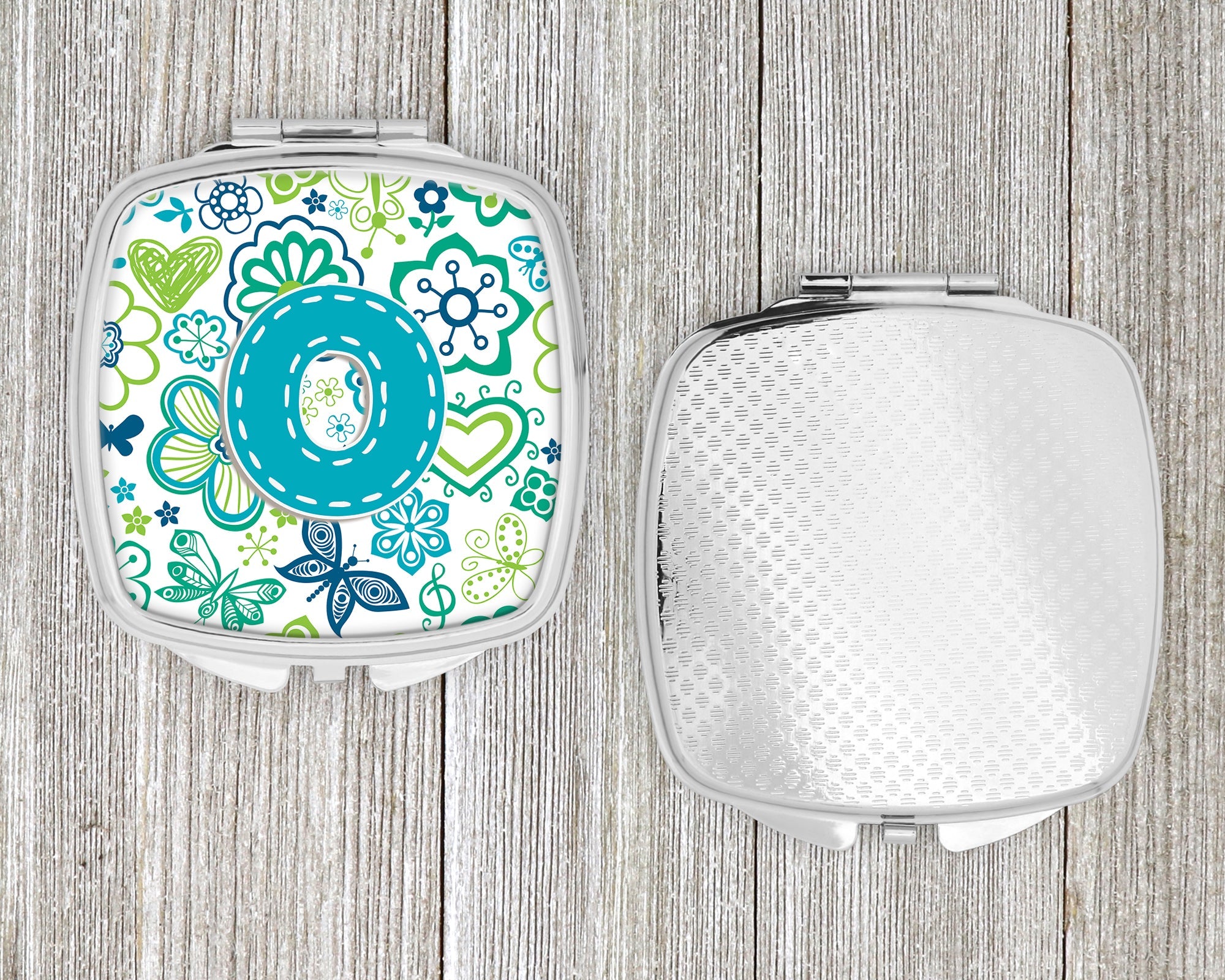 Letter O Flowers and Butterflies Teal Blue Compact Mirror Decorative Travel Makeup Mirror for Women Girls Gifts Pocket Makeup Mirror Folding Handheld