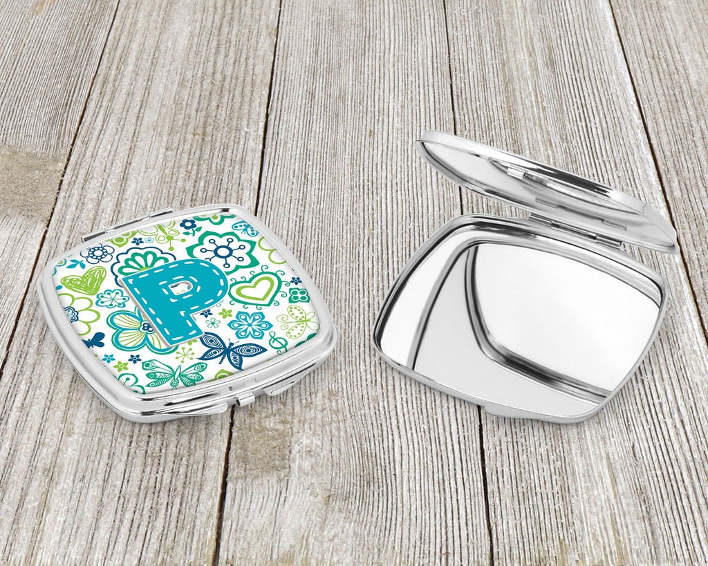 Letter P Flowers and Butterflies Teal Blue Compact Mirror Decorative Travel Makeup Mirror for Women Girls Gifts Pocket Makeup Mirror Folding Handheld