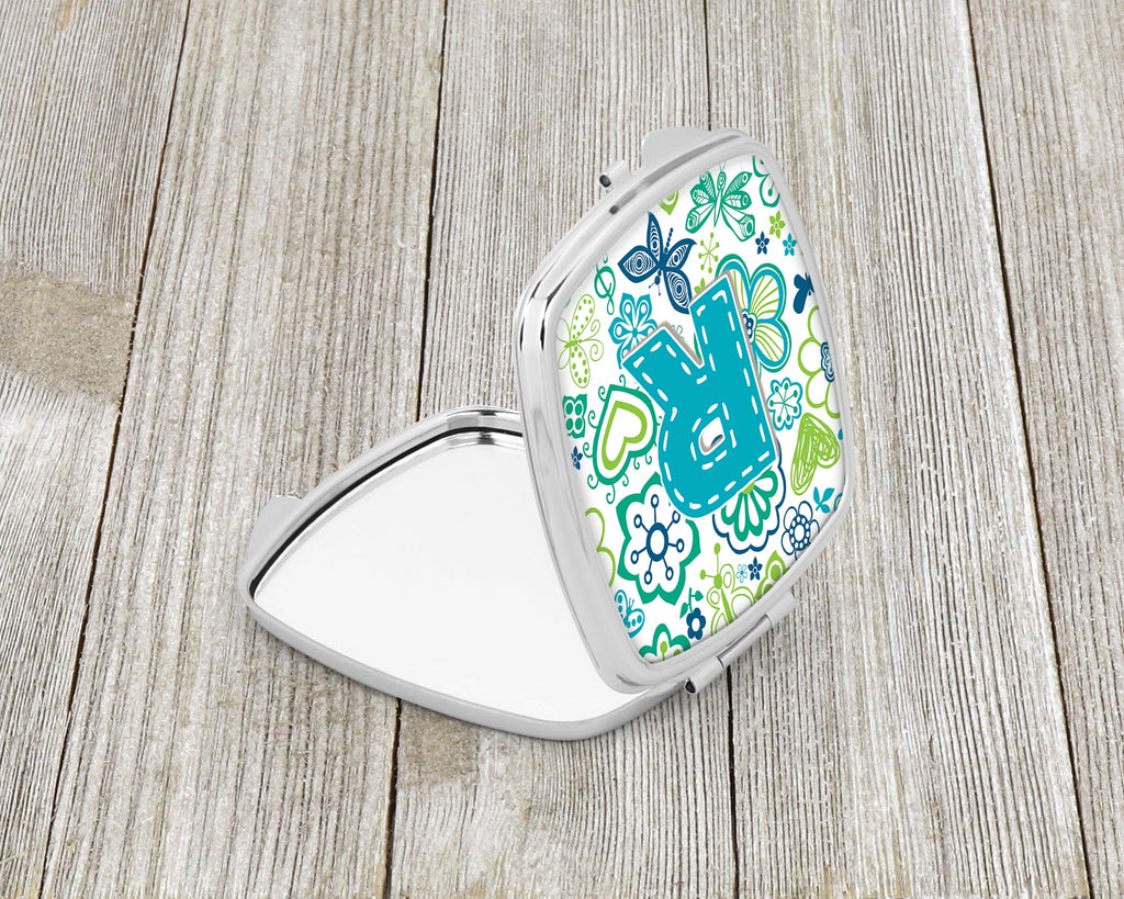 Letter R Flowers and Butterflies Teal Blue Compact Mirror Decorative Travel Makeup Mirror for Women Girls Gifts Pocket Makeup Mirror Folding Handheld