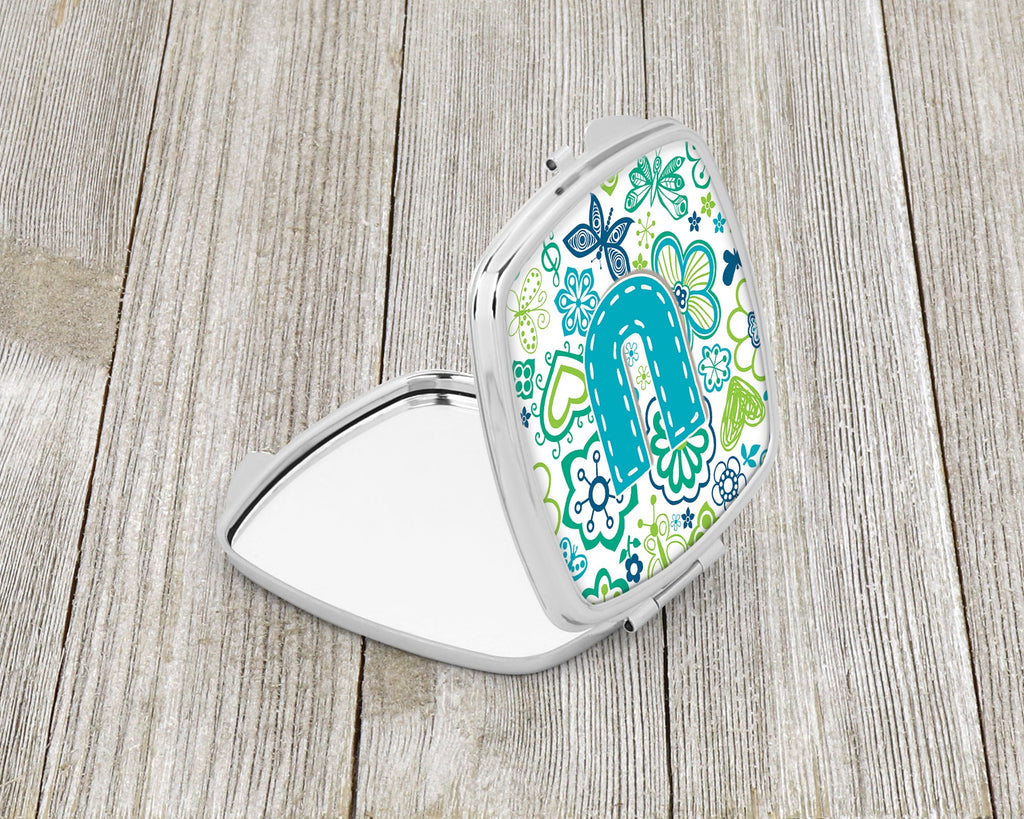 Letter U Flowers and Butterflies Teal Blue Compact Mirror Decorative Travel Makeup Mirror for Women Girls Gifts Pocket Makeup Mirror Folding Handheld