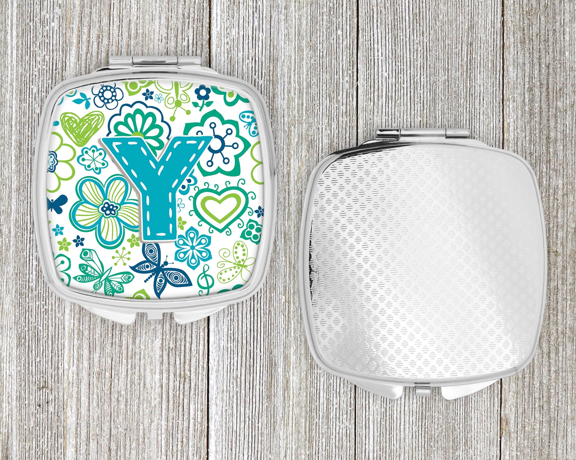 Letter Y Flowers and Butterflies Teal Blue Compact Mirror Decorative Travel Makeup Mirror for Women Girls Gifts Pocket Makeup Mirror Folding Handheld
