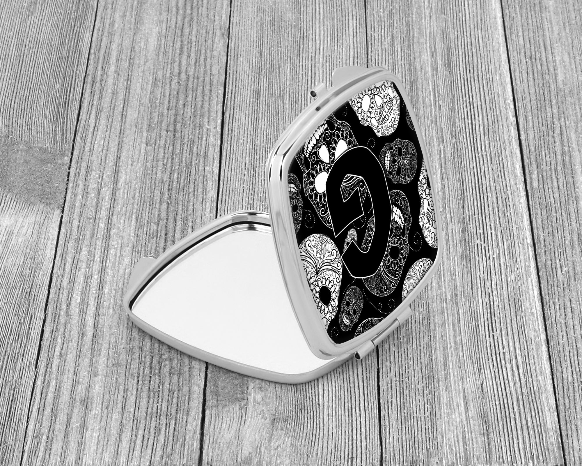 Letter G Day of the Dead Skulls Black Compact Mirror Decorative Travel Makeup Mirror for Women Girls Gifts Pocket Makeup Mirror Folding Handheld