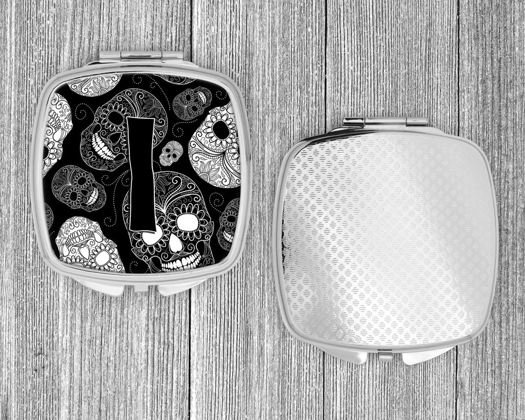 Letter I Day of the Dead Skulls Black Compact Mirror Decorative Travel Makeup Mirror for Women Girls Gifts Pocket Makeup Mirror Folding Handheld