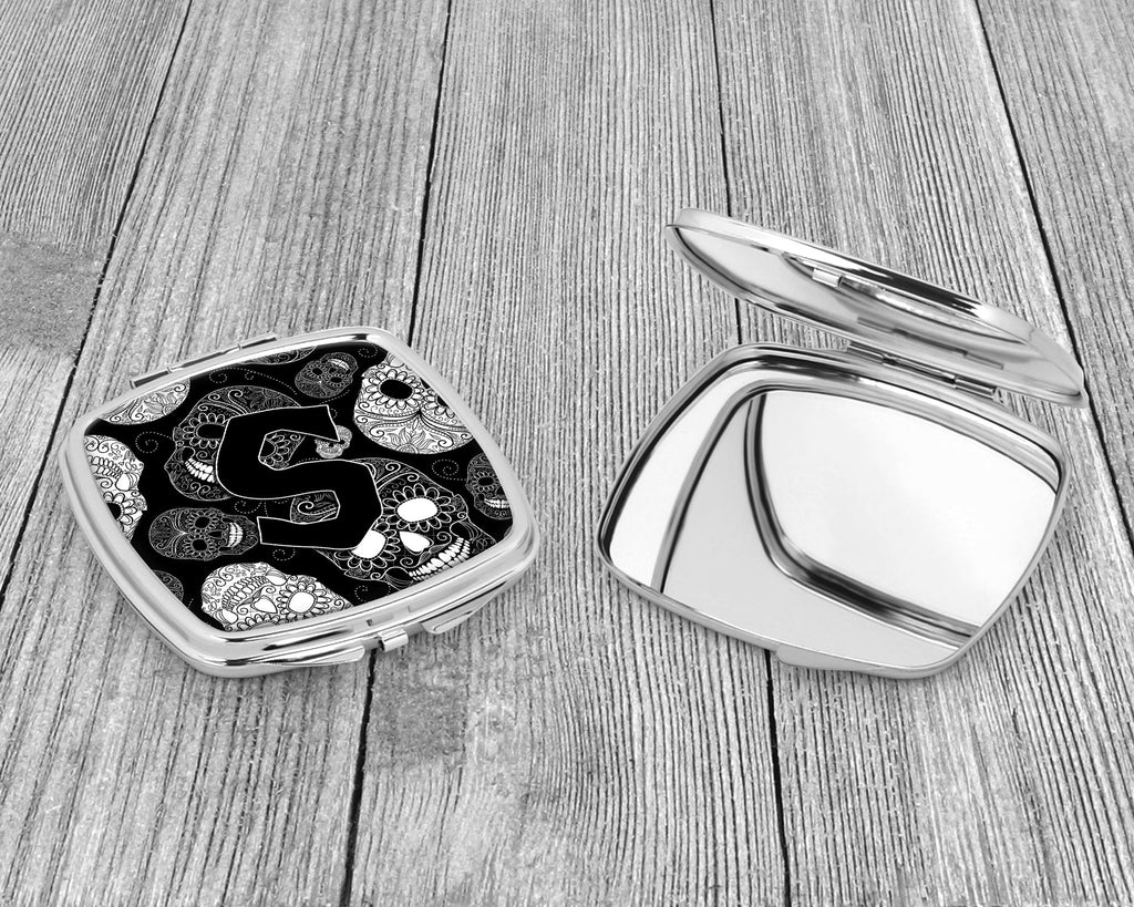 Letter S Day of the Dead Skulls Black Compact Mirror Decorative Travel Makeup Mirror for Women Girls Gifts Pocket Makeup Mirror Folding Handheld