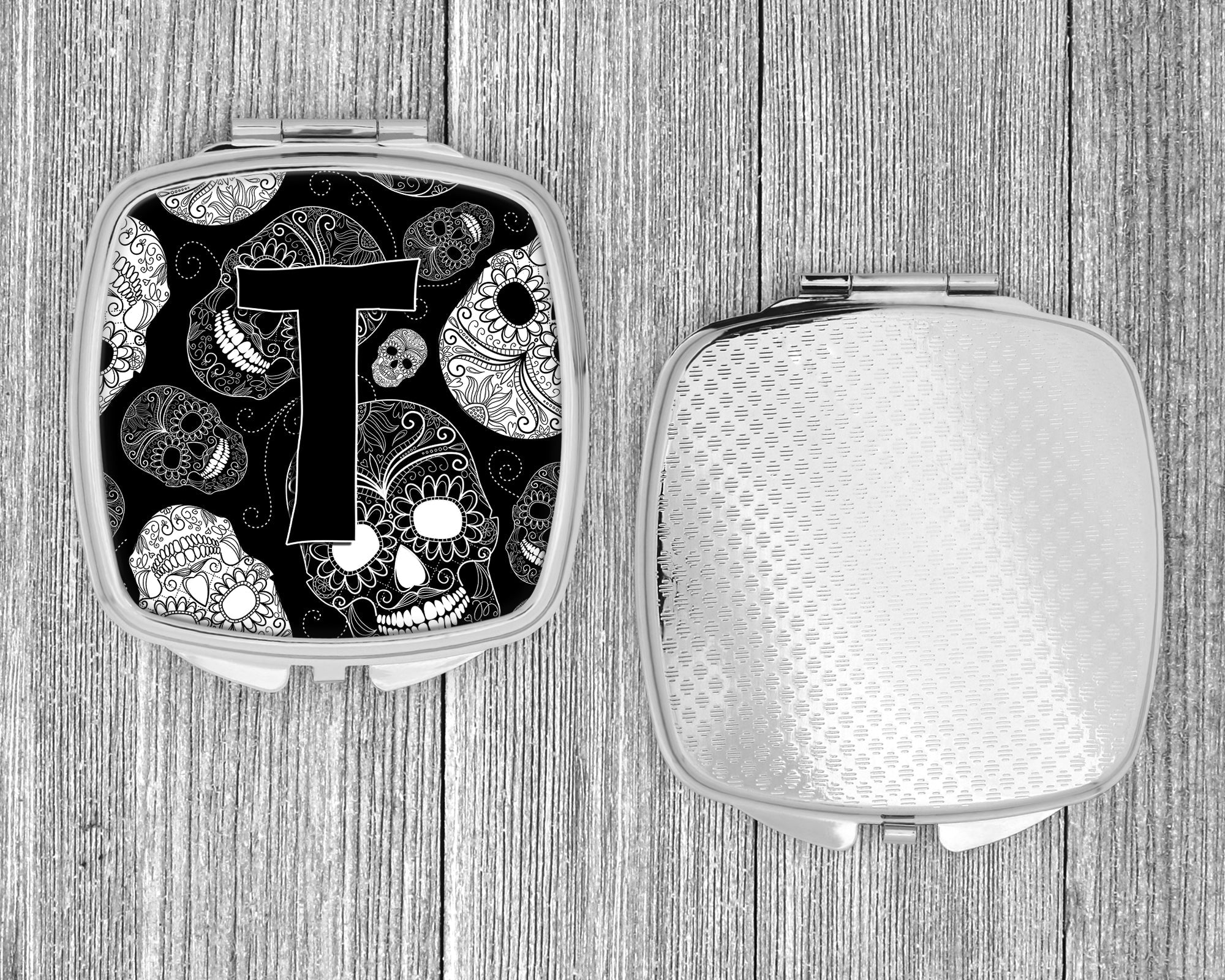 Letter T Day of the Dead Skulls Black Compact Mirror Decorative Travel Makeup Mirror for Women Girls Gifts Pocket Makeup Mirror Folding Handheld