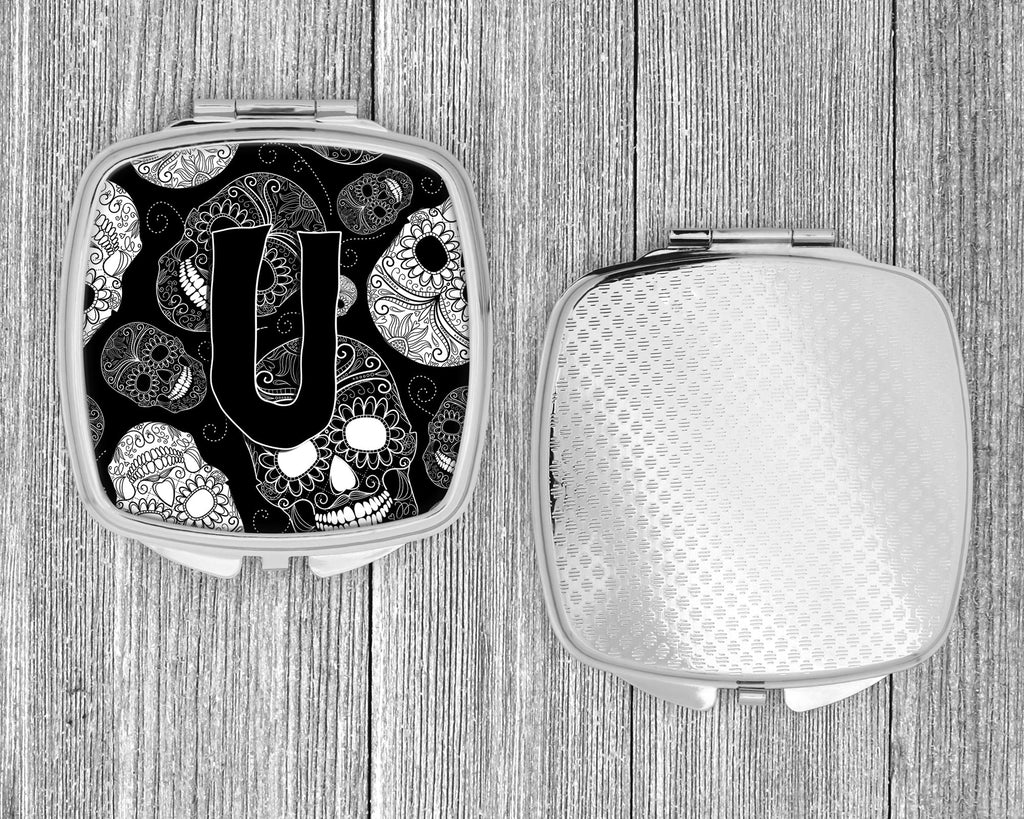 Letter U Day of the Dead Skulls Black Compact Mirror Decorative Travel Makeup Mirror for Women Girls Gifts Pocket Makeup Mirror Folding Handheld