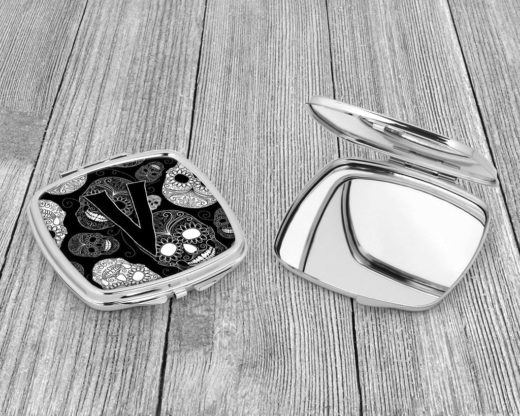 Letter V Day of the Dead Skulls Black Compact Mirror Decorative Travel Makeup Mirror for Women Girls Gifts Pocket Makeup Mirror Folding Handheld