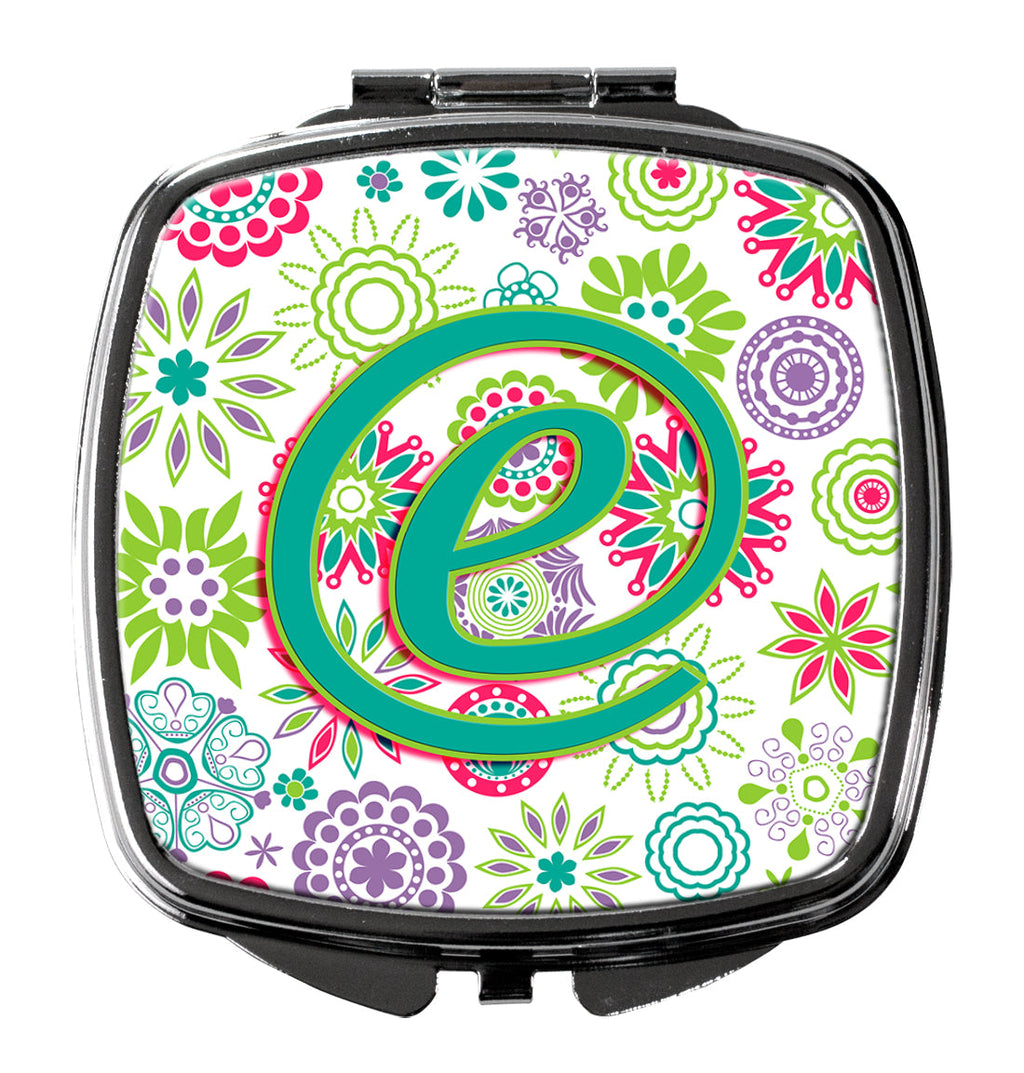 Letter E Flowers Pink Teal Green Initial Compact Mirror Decorative Travel Makeup Mirror for Women Girls Gifts Pocket Makeup Mirror Folding Handheld