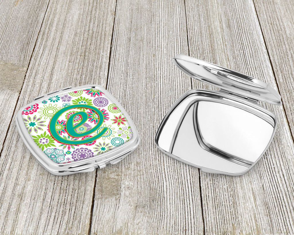 Letter E Flowers Pink Teal Green Initial Compact Mirror Decorative Travel Makeup Mirror for Women Girls Gifts Pocket Makeup Mirror Folding Handheld