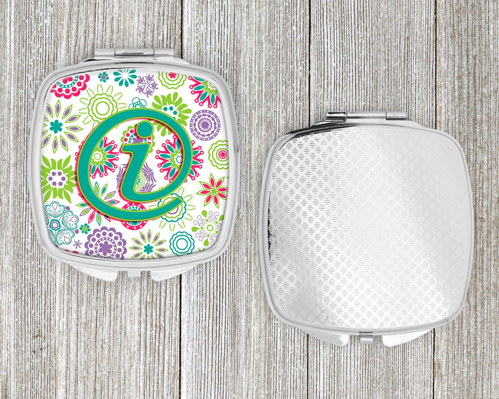 Letter I Flowers Pink Teal Green Initial Compact Mirror Decorative Travel Makeup Mirror for Women Girls Gifts Pocket Makeup Mirror Folding Handheld