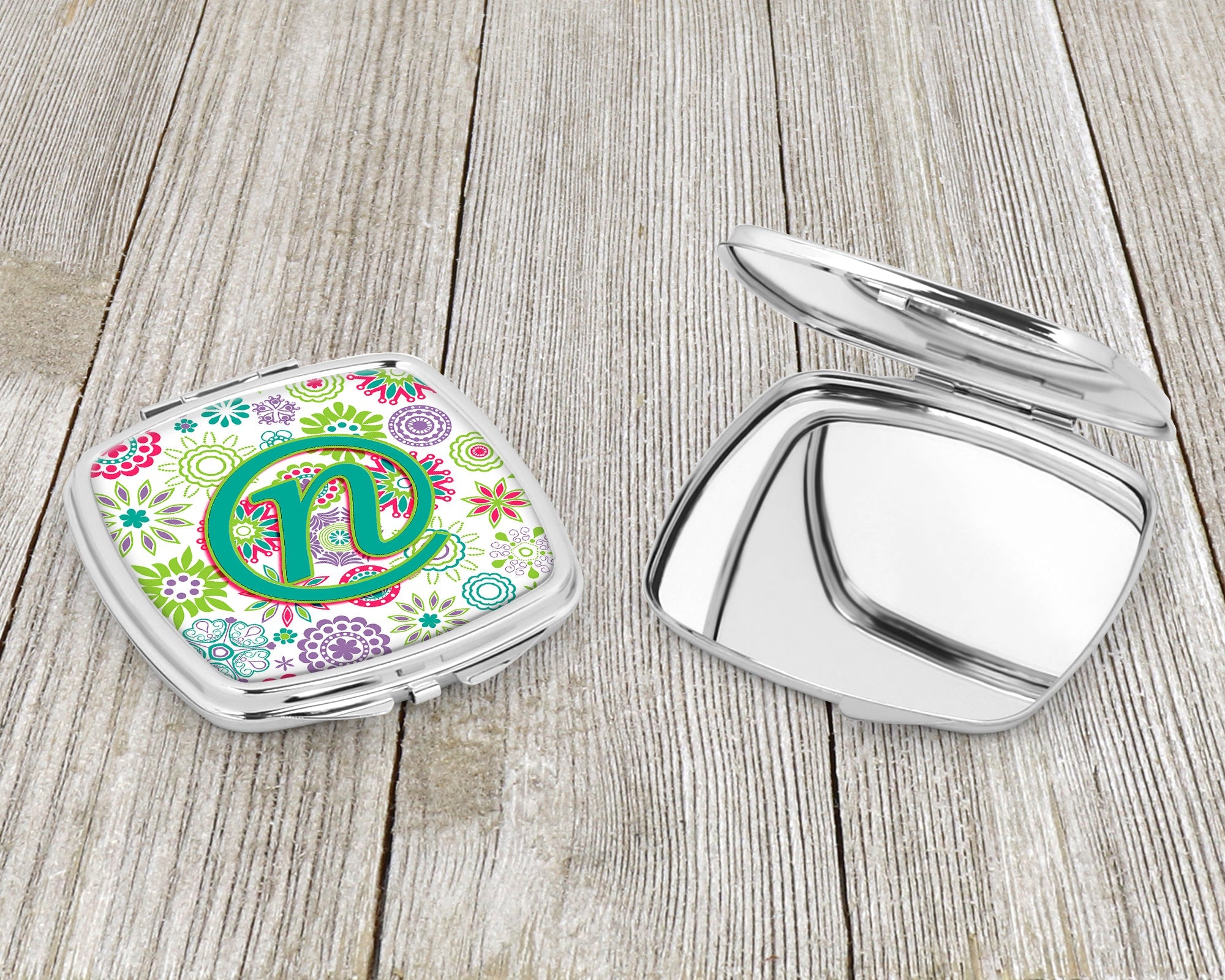 Letter N Flowers Pink Teal Green Initial Compact Mirror Decorative Travel Makeup Mirror for Women Girls Gifts Pocket Makeup Mirror Folding Handheld