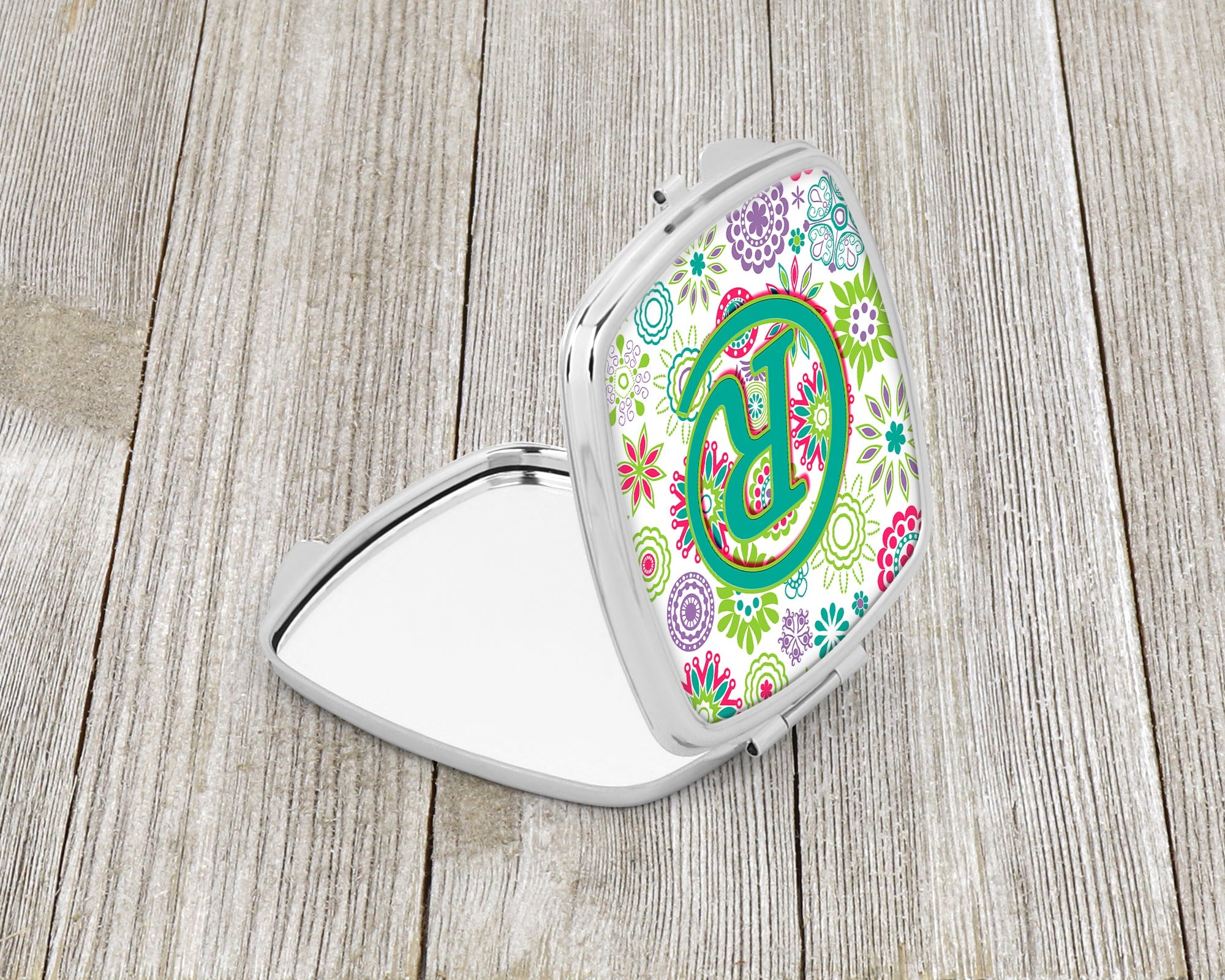 Letter R Flowers Pink Teal Green Initial Compact Mirror Decorative Travel Makeup Mirror for Women Girls Gifts Pocket Makeup Mirror Folding Handheld