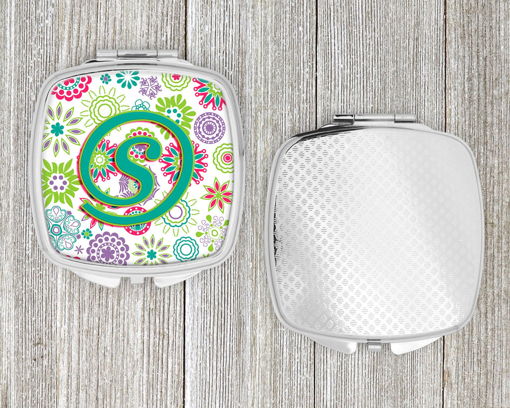 Letter S Flowers Pink Teal Green Initial Compact Mirror Decorative Travel Makeup Mirror for Women Girls Gifts Pocket Makeup Mirror Folding Handheld