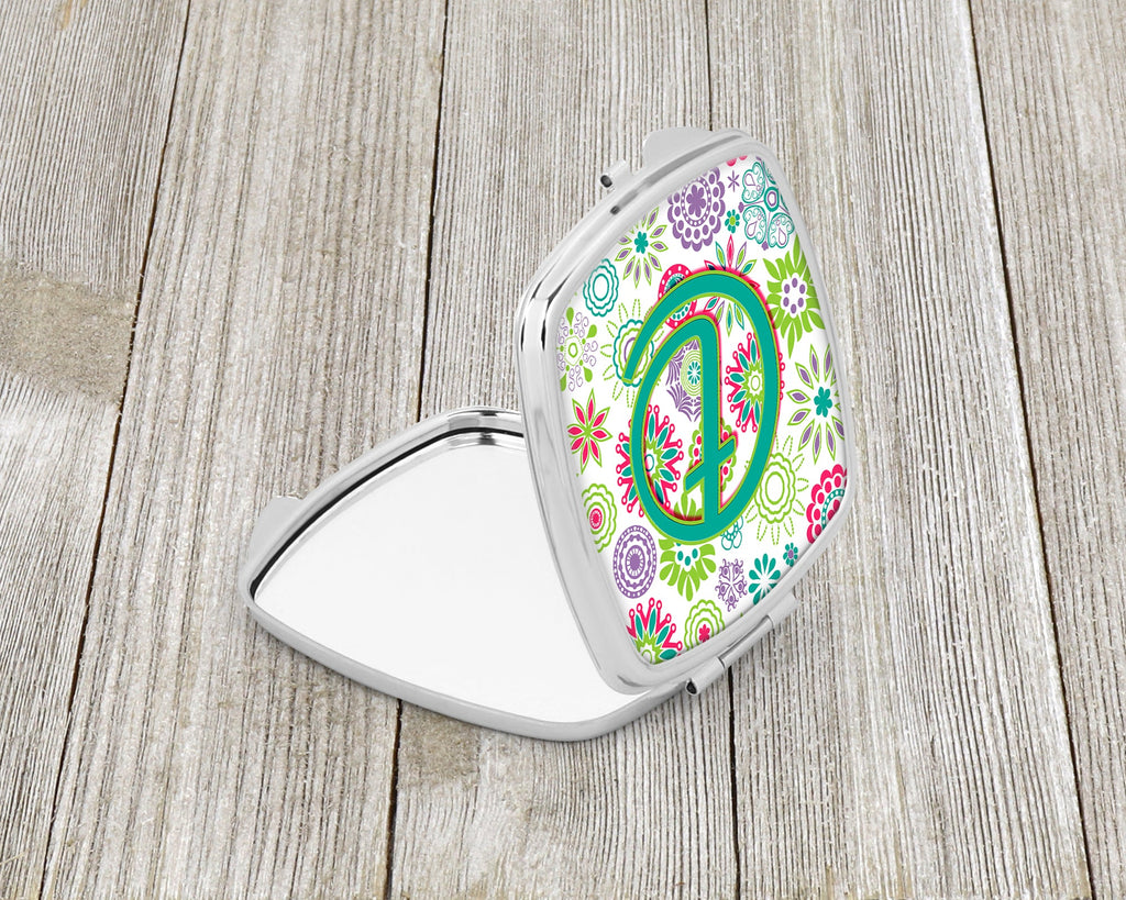 Letter T Flowers Pink Teal Green Initial Compact Mirror Decorative Travel Makeup Mirror for Women Girls Gifts Pocket Makeup Mirror Folding Handheld